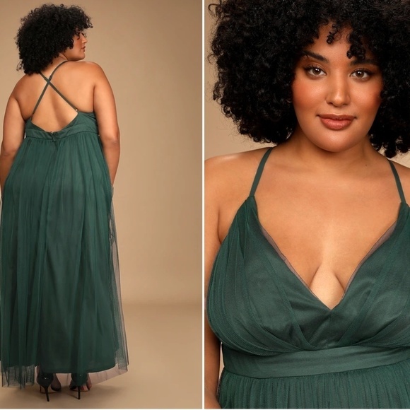 LULU's Prom Wedding Special Event Sexy Flowy Tulle Emerald Green Maxi Dress NWOT - Picture 3 of 5